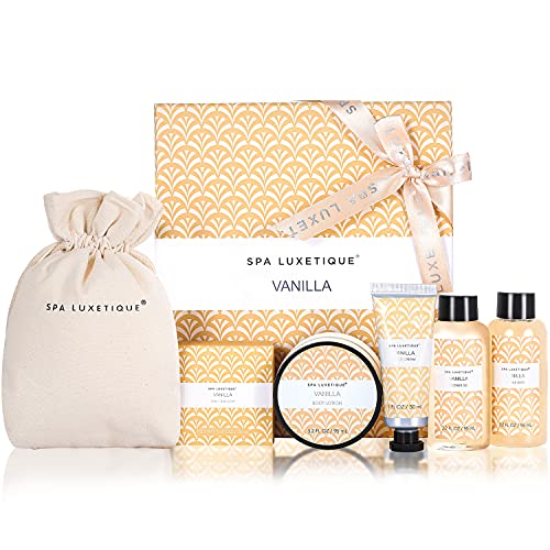 Set de Regalo para Mujer - Spa Luxetique Set de Spa a Fragancia Vainilla con 6 Piezas, Caja de Regalo para Ella, Incluye Gel de Ducha, Crema de Manos, Loción Corporal, Baño de Burbujas y Bolsa