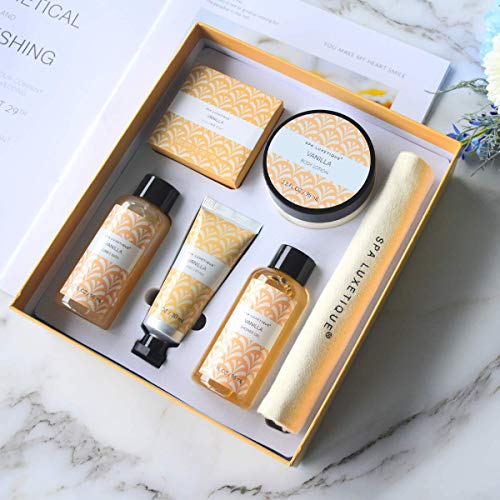 Set de Regalo para Mujer - Spa Luxetique Set de Spa a Fragancia Vainilla con 6 Piezas, Caja de Regalo para Ella, Incluye Gel de Ducha, Crema de Manos, Loción Corporal, Baño de Burbujas y Bolsa