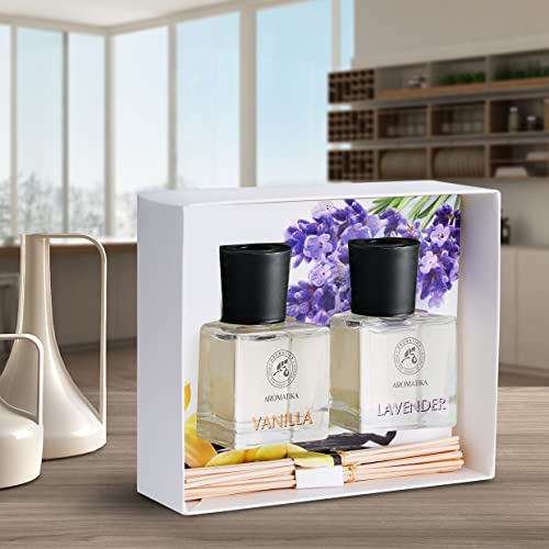 Set de Varillas Perfumadas con Difusor Vanille y Lavanda con Aceite Esencial de Lavanda - 100ml - 2x50ml - Difusores de Aromas - Ambientador de Varillas de Rattan - Fragancia Habitación