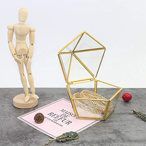 Shaoyanger - Caja de almacenamiento con forma de pentágono de terrario geométrico de cristal transparente y latón, tapa abatible de metal