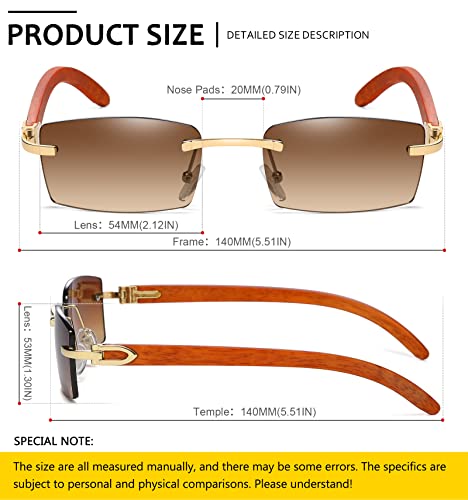 SHEEN KELLY Gafas de sol rectangulares retro para hombres y mujeres Gafas de sol con montura ultrapequeña Gafas de sol sin montura Gafas de sol con montura de madera y plástico