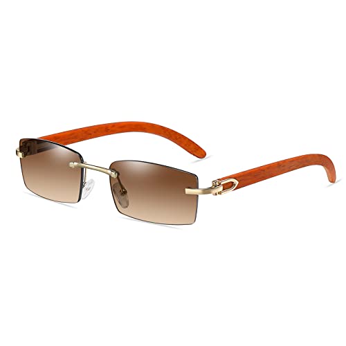 SHEEN KELLY Gafas de sol rectangulares retro para hombres y mujeres Gafas de sol con montura ultrapequeña Gafas de sol sin montura Gafas de sol con montura de madera y plástico