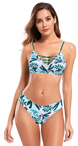 SHEKINI Conjunto de bikini recortado para mujer con tirantes cruzados y cuello en V Top brasileño con relleno de bandeau trajes de baño (M, verde oscuro B)