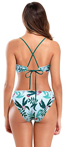 SHEKINI Conjunto de bikini recortado para mujer con tirantes cruzados y cuello en V Top brasileño con relleno de bandeau trajes de baño (M, verde oscuro B)