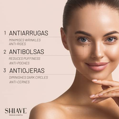 SHIAVE Contorno de Ojos Mujer 3en1 - Antiarrugas, Antibolsas y Antiojeras. Con ÁCIDO HIALURÓNICO PURO, Quinoa y Ginkgo. Tu eficaz contorno de textura suave y ligera. Sensual fragancia.15ml