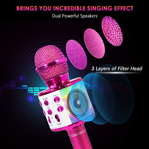 ShinePick Micrófono Karaoke Bluetooth, 4 en1 Microfono Inalámbrico Portátil con Luces LED para Niños Canta Partido Musica, Función de Eco, Compatible con Android, PC (Púrpura)