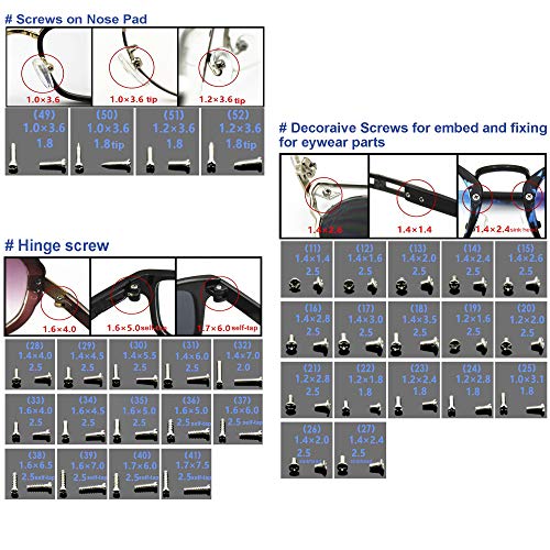 ShipeeKin Kit de Reparación de Gafas, Surtido de tornillos y tuercas (Juego de surtido de tornillos, tuercas y almohadillas nasales de silicona con micro destornillador pinzas)