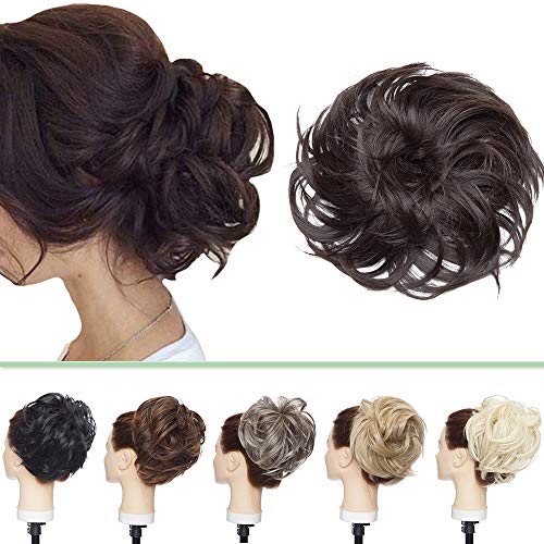 Silk-co Moño Postizo Rizados Pelo Sintético Como Natural Elegante para Boda Postizos de Pelo con Goma Grueso para Mujer 80g-#Marron oscuro