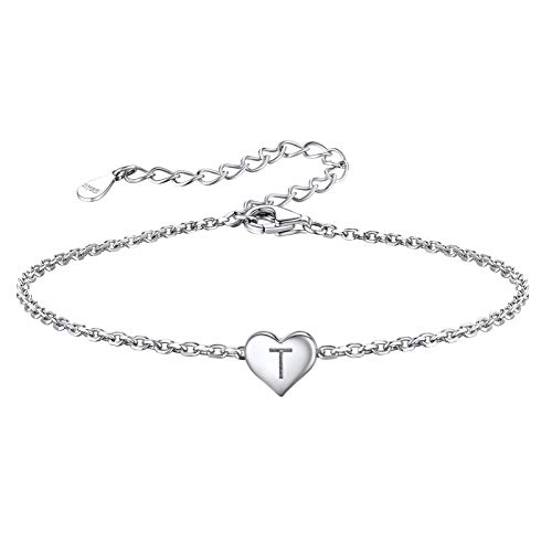 Silvora Pulsera Mujer Plata Corazon Pulsera con Inicial T Tobillera con Letra (16cm Largo + 5cm Extensor)