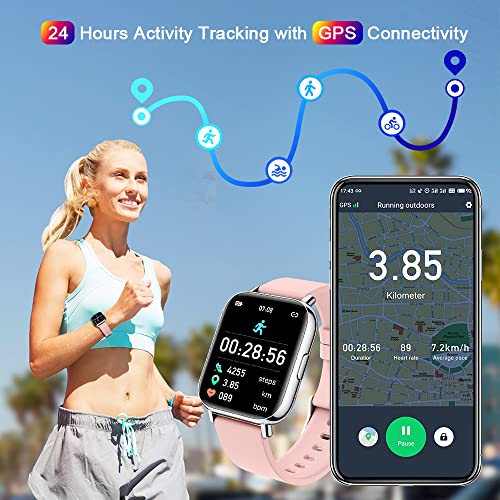 Smartwatch, 1.69" Reloj Inteligente Mujer con Pulsómetro Monitor de Sueño, Pulsera Actividad Inteligente Impermeable IP68 Podómetro Calorías 24 Modos Deporte Reloj Deportivo Muje para iOS Android Rosa