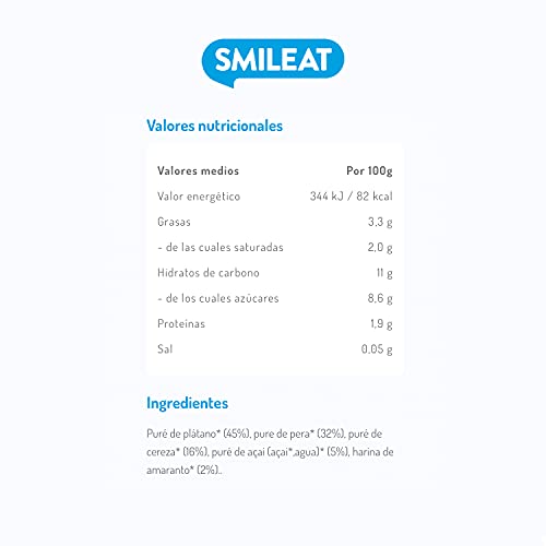 Smileat - Pouch Ecológico de Cereza, Açai y Amaranto, Ingredientes Naturales Bebibles, Para Bebés a Partir de los 8 Meses - 100g