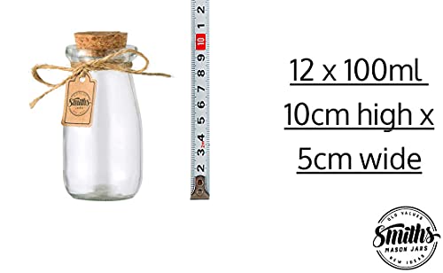 Smith's Mason Jars Juego de 12 Mini Tarros de Cristal de 100 ML con Tapas de Corcho | Botellas Pequeñas de Boticario Ideales Para Almacenamiento de Alimentos, Tarros de Especias, Artes y Manualidade