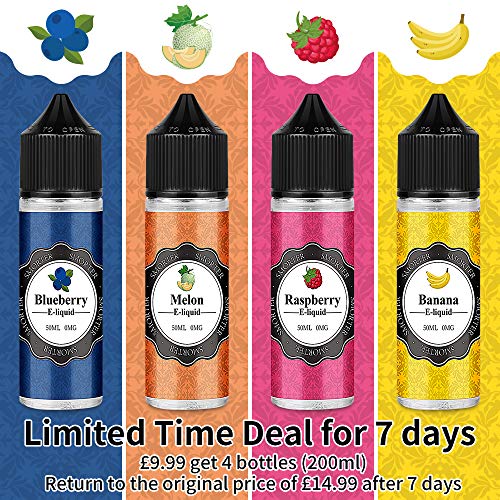 Smorter 50mlx4 Vape Liquid Premium Ecig Vape Juice E Liquid E Sabores jugosos 70/30 Eliquid para E Cig Cigarrillo electrónico Vape Pen Mod Starter Kit Sin nicotina (Arándano+Melón+Plátano+Frambuesa)