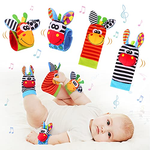 Sonajero Calcetines y Muñequeras para Bebé, Sonajero Toys con Buscador de Muñeca y Pie Juguetes de Animales Suaves y Bonitos para Recién Nacidos Niños Bebés (2 Pulseras y 2 Calcetines)