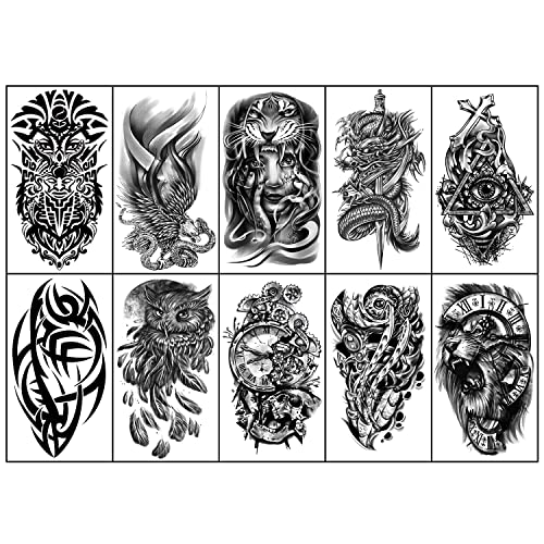 SOOVSY 70 Hojas Tatuaje Temporal Tótem Tribal León Dragón Búho Águila, Tatuajes de Medio Brazo para Hombre, Tatuajes Temporales Realistas Flor Mariposa Cráneo Ala Ancla, Pequeños Tatuajes Falsos