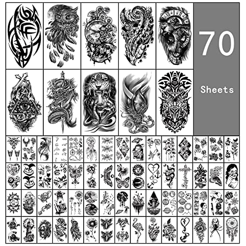 SOOVSY 70 Hojas Tatuaje Temporal Tótem Tribal León Dragón Búho Águila, Tatuajes de Medio Brazo para Hombre, Tatuajes Temporales Realistas Flor Mariposa Cráneo Ala Ancla, Pequeños Tatuajes Falsos