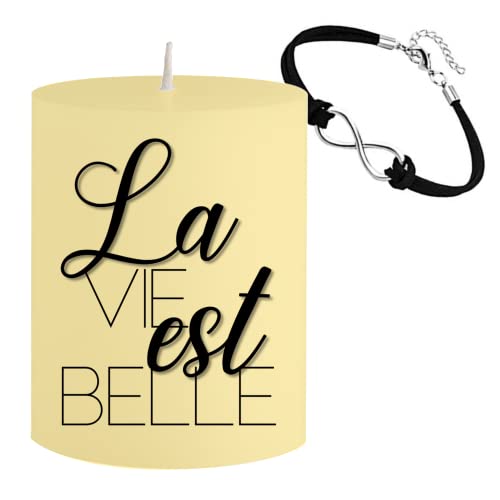 Spell Schmuck-Krone - Vela con texto "La vie est belle", pulsera oculta de color con símbolo de infinito, aroma a ciruela, color amarillo, regalo único