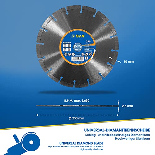 S&R Disco Tronzador Diamante 230 mm x22,2 para Hormigón, Piedra natural, piedra, Ladrillo. Turbo Disco Diamantado Universal para cortar todo tipo de materiales de construcción