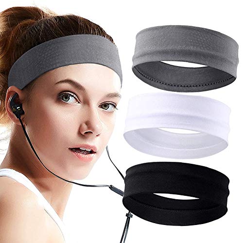 SRXWO - Diadema elástica para mujer, 3 unidades, para hombre, de algodón, antideslizante, para ejercicio, fitness, para maquillaje, yoga, ciclismo, color negro, gris y blanco