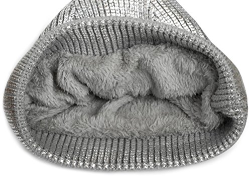 styleBREAKER cálido Gorro con pompón de Punto metálico con un pompón de Pelo Artificial Amovible, Gorro de Invierno con pompón de Pelo, señora 04024138, Color:Gris Claro/Plateado