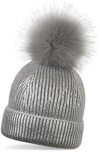 styleBREAKER cálido Gorro con pompón de Punto metálico con un pompón de Pelo Artificial Amovible, Gorro de Invierno con pompón de Pelo, señora 04024138, Color:Gris Claro/Plateado