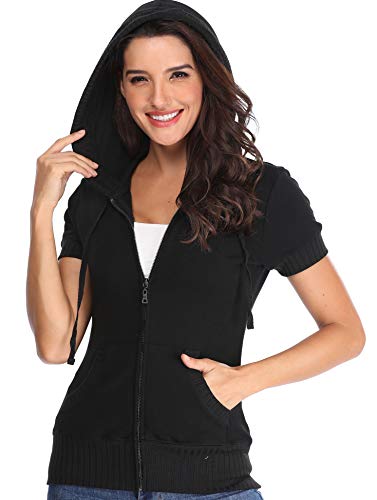 Sudaderas de Las Mujeres Negro Frontal Manga Corta Chaqueta Informal con Bolsillos Prendas de Vestir Exteriores básica - XL