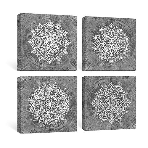 SUMGAR Cuadros en Lienzo Mandalas Decoración Salón Dormitorios Baño con Mural Impresiones Grises de Modernos Boho Flores Imágenes Floral Obra de Arte Decoraciones Indias 30x30cm,Set de 4