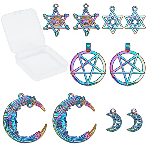 SUNNYCLUE 1 Caja 10 Piezas 5 Estilos Aleación Luna Encantos Colgantes Arco Iris Color Penacle Estrella Nudo Colgante Joyería Accesorios para Adultos Mujeres DIY Collares Pendientes Joyería