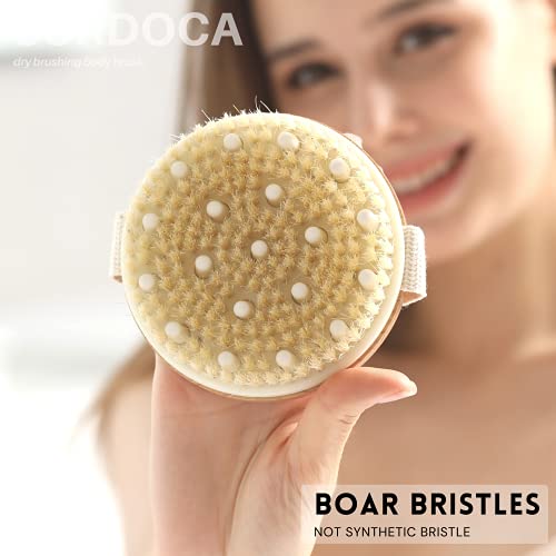 SURDOCA Cepillo Exfoliante Corporal para Cepillado en Seco y Ducha, Depurador de Espalda de Baño para Celulitis y Linfáticos, Exfoliante Suave y Masaje con Multipoint-Massage-Tech (Cerdas de jabalí)