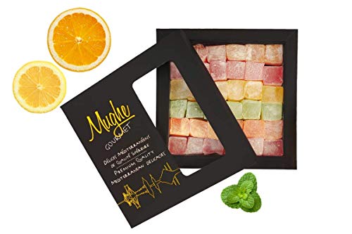 Surtido de Delicias Turcas Lujosa Selección de Sabor a Rosa, Fresa, Limón, Naranja y Menta, Delicias Mixtas de Postre Mughe Gourmet Lokum, Aproximadamente 40 Piezas, 400g ℮ Caja de Regalo (Sin Nueces)