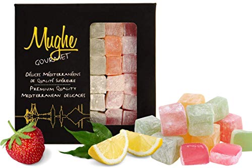 Surtido de Delicias Turcas Lujosa Selección de Sabor a Rosa, Fresa, Limón, Naranja y Menta, Delicias Mixtas de Postre Mughe Gourmet Lokum, Aproximadamente 40 Piezas, 400g ℮ Caja de Regalo (Sin Nueces)