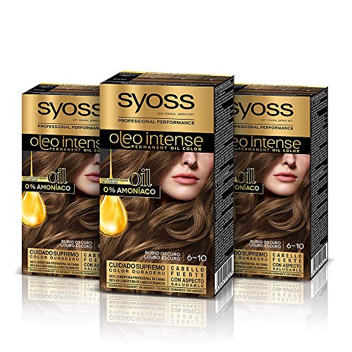 Syoss Oleo Intense - Tinte 6-10 Rubio Oscuro – Coloración permanente Sin Amoníaco – Cobertura profesional de canas – Resultados de peluquería (Pack De 3)