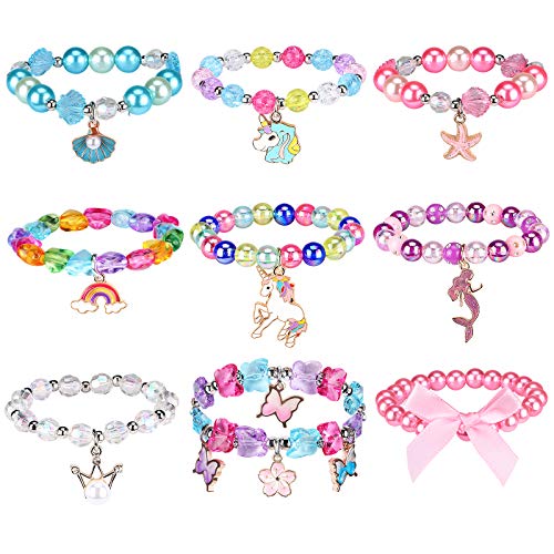 Tacobear 9 Piezas Pulseras Niña Colorido Cuentas Pulsera Princesa con Colgante Sirena Mariposa Arco Iris Unicornio Pulseras Amistad Juguete de Joyas Regalo Cumpleaños para Niñas Niños