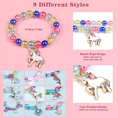 Tacobear 9 Piezas Pulseras Niña Colorido Cuentas Pulsera Princesa con Colgante Sirena Mariposa Arco Iris Unicornio Pulseras Amistad Juguete de Joyas Regalo Cumpleaños para Niñas Niños