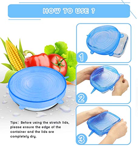 Tapas de Silicona Elásticas 12Piezas,Tapas Silicona Ajustables Cocina, Tapas Silicona, Tapa de Almacenamiento de Alimentos Sellada Transparente para Contenedores de todos los tamaños y formas（12pcs）