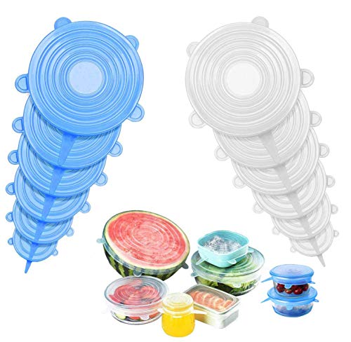 Tapas de Silicona Elásticas 12Piezas,Tapas Silicona Ajustables Cocina, Tapas Silicona, Tapa de Almacenamiento de Alimentos Sellada Transparente para Contenedores de todos los tamaños y formas（12pcs）