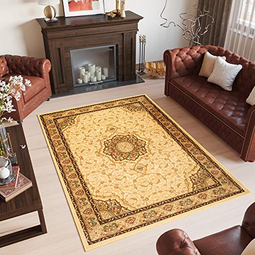 TAPISO Yesemek Alfombra Salón Comedor Clásico Crema Beige Marrón Floral Oriental Hojas Suave Tupida 70 x 140 cm