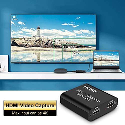 Tarjeta de Captura de Video 4K HDMI con Loop-out, HD 1080P Live Streaming VCR Converter Compatible con Windows, Android y MACOS