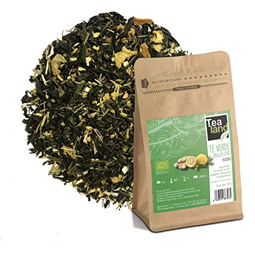 Tealand | Te Verde Ecologico con Jengibre y Limon | Hojas Sueltas, 100g | Te control de peso, Antioxidante y Digestivo | Infusion con Aromas Naturales