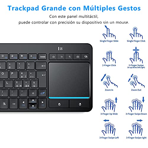 Teclado Inalámbrico Bluetooth con Touchpad, Pequeño Teclado Compacto con Panel Táctil, Dispositivo Múltiple BT1+BT2+2.4G Teclado Inalámbrico en Español para Smart TV Tablet Mac Laptop PC, Negro