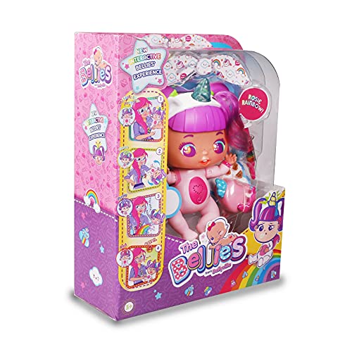 The Bellies from Bellyville - Rosie Rainbow!, muñeca interactiva grande big bellie, bebe unicornio cuerno y pelo rosa, con accesorio de vacuna, sonido y luz, niños desde 3 años, Famosa (700016632)