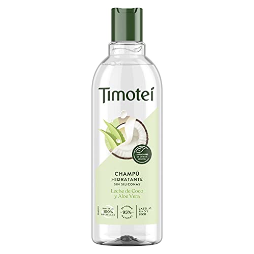 TIMOTEI Champú Hidratante Para Cabello Fino y Seco Leche de Coco y Aloe Vera con Limpiadores de Origen Vegetal, 95% de Origen Natural, sin Siliconas 400 ml Pack de 12