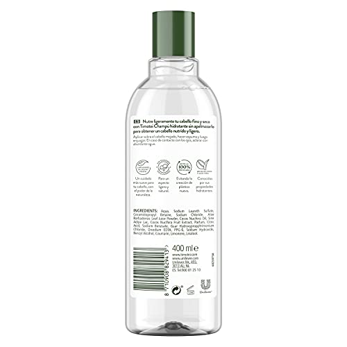 TIMOTEI Champú Hidratante Para Cabello Fino y Seco Leche de Coco y Aloe Vera con Limpiadores de Origen Vegetal, 95% de Origen Natural, sin Siliconas 400 ml Pack de 12