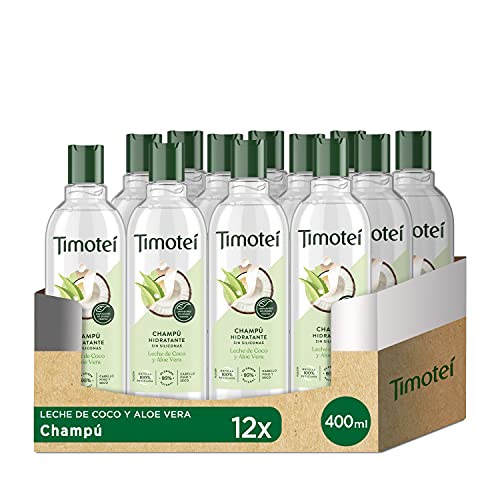 TIMOTEI Champú Hidratante Para Cabello Fino y Seco Leche de Coco y Aloe Vera con Limpiadores de Origen Vegetal, 95% de Origen Natural, sin Siliconas 400 ml Pack de 12