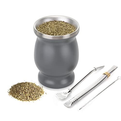 Tivray Set de Mate Argentino, Vaso de Acero Inoxidable para Yerba Mate con 2 Bombillas y Cepillo de Limpieza, Taza Calabaza de Doble Pared Tradicional para Té Café Bebida Caliente y Fría, Gris