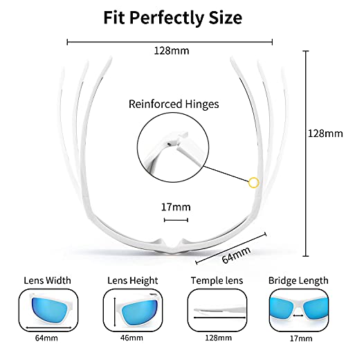 TJUTR Gafas de sol polarizadas deportivas para hombres y mujeres Ciclismo Correr Moda Espejo Lente Protección UV400 (Marco Blanco/Lente de Espejo Azul)