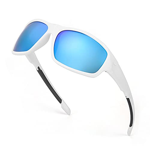 TJUTR Gafas de sol polarizadas deportivas para hombres y mujeres Ciclismo Correr Moda Espejo Lente Protección UV400 (Marco Blanco/Lente de Espejo Azul)