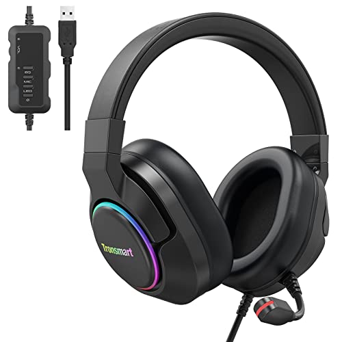 Tronsmart Sparkle Cascos Gaming Iluminación RGB, Auriculares Gaming Sonido Surround 7.1/Driver Audio de 50 mm-Profesional Headset Gaming con Micrófono para Mac/PC