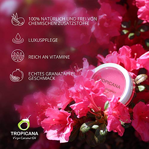 Tropicana Oil - Bálsamo labial con granada Joyful 2 x 10 g, aceite de coco, cosmética natural, cuidado de los labios con manteca de karité, cera de abeja, manteca de cacao y cera de candelilla