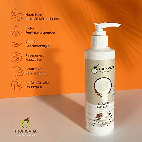 Tropicana Oil Premium Locion Corporal de Coco 200ml | Con Vitamina E, Vitamina B3 y Aceite Coco Crudo Orgánico | Humectante Coco Natural para Hermosa Piel | Crema Corporal Productos Ecologicos Vegan